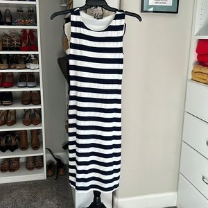 Blue and white striped cotton dress midi